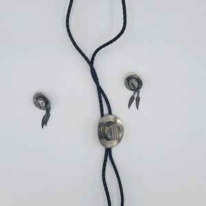 Lariat Style Western Necklace Earrings Cowboy Hat Vintage Necklace 17"